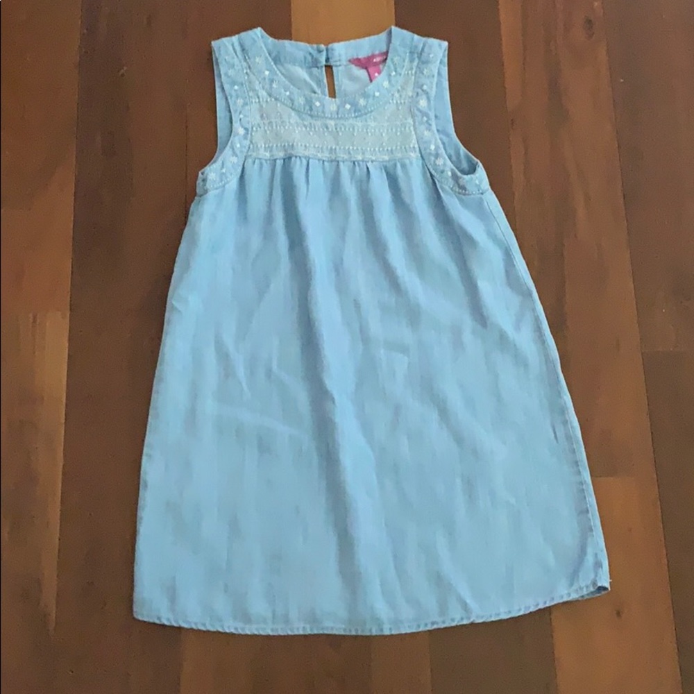 denim dress with white embroidery
